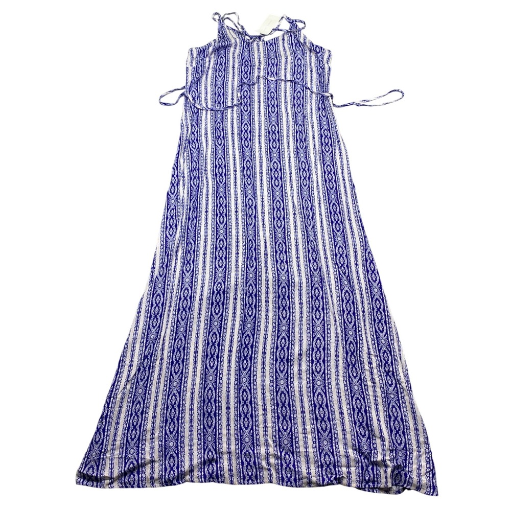 LUSH Blue White Stripe Maxi Dress Tie Waist Strappy Boho Festival Size M